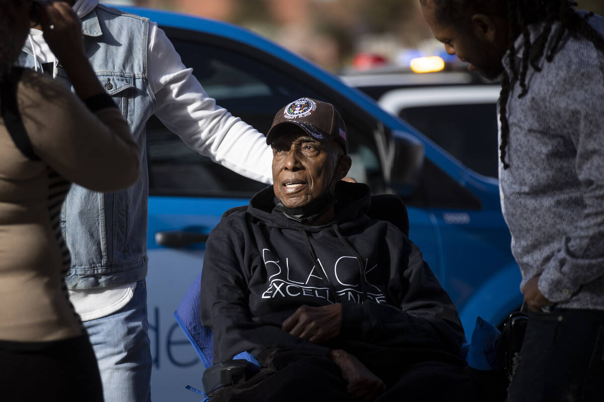 Retired Las Vegas police officer Herman Moody, 97, is arrives to the Clark County Government Ce ...