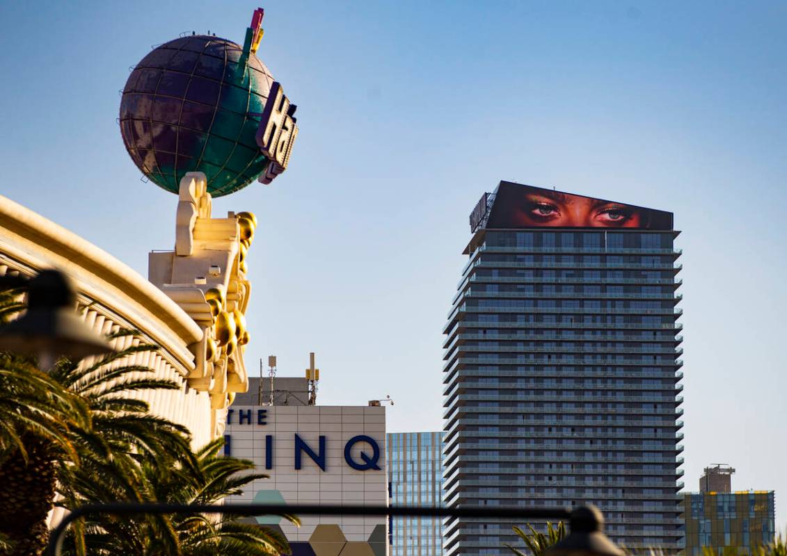 Hotel-casino marquees are seen along the Las Vegas Strip on Tuesday, Feb. 15, 2022, in Las Vega ...