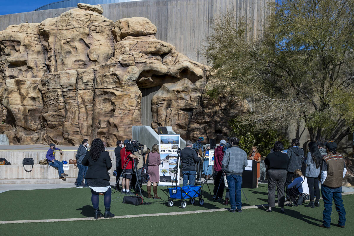 Laughlin Town Advisory Board Chair Kathy Ochs speaks about the bill to designate Avi Kwa Ame (t ...