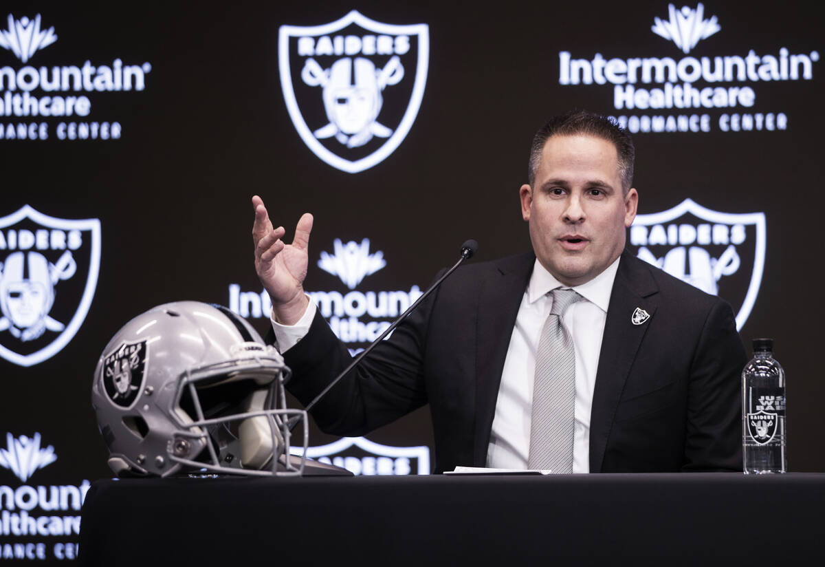 Raiders head coach Josh McDaniels speaks during a press conference on Monday, Jan. 31, 2022, at ...