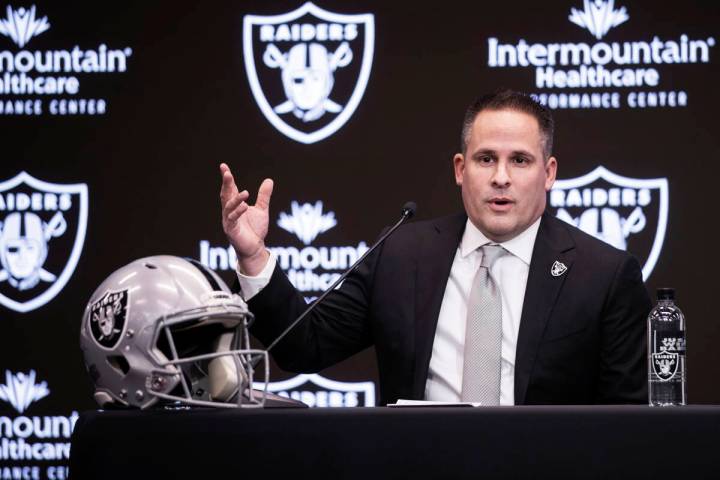 Raiders head coach Josh McDaniels speaks during a press conference on Monday, Jan. 31, 2022, at ...