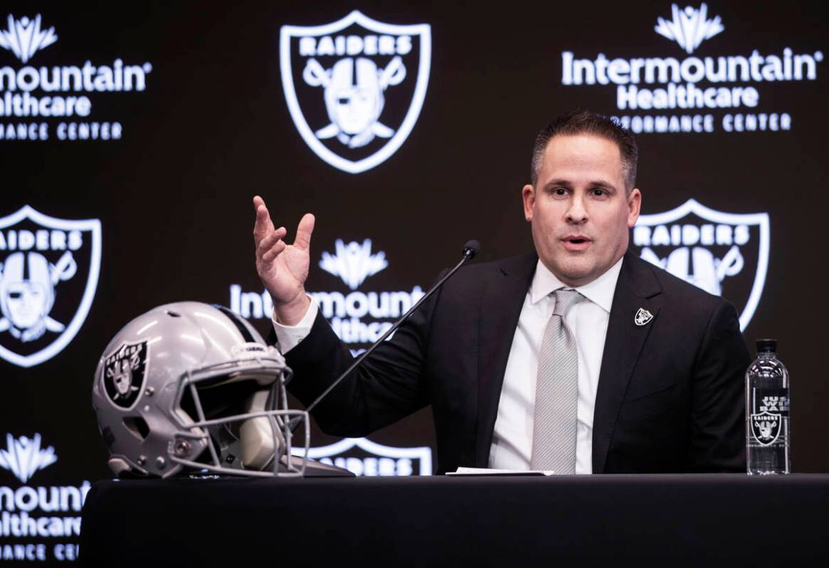 Raiders head coach Josh McDaniels speaks during a press conference on Monday, Jan. 31, 2022, at ...