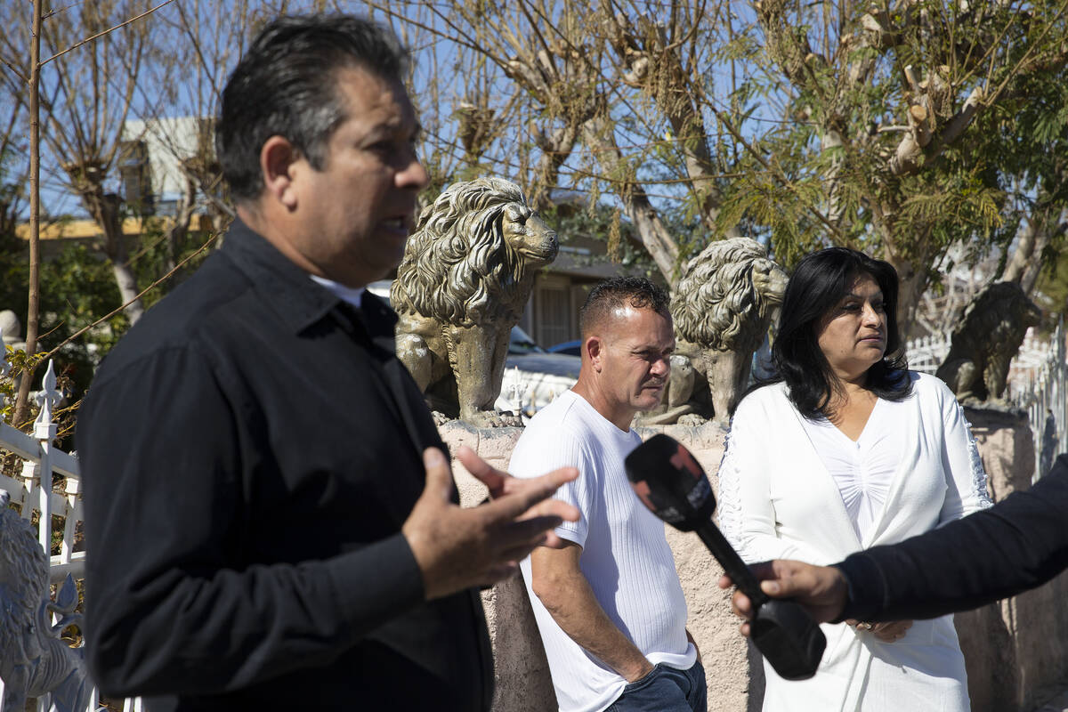 A family representative speaks to the media while Jesus Mejia-Santana and Erlinda Zacarias list ...
