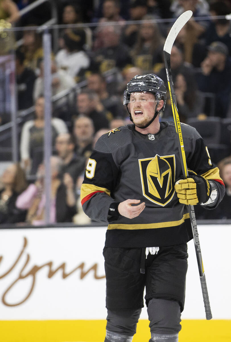 Golden Knights center Jack Eichel (9) circles the ice after defending a shot on goal in the sec ...