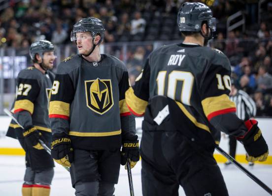 Golden Knights center Jack Eichel (9) looks back at the bench before a face off in the third pe ...