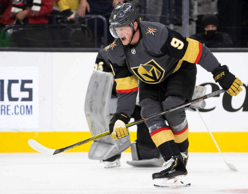 Golden Knights center Jack Eichel (9) warms up before the start of an NHL hockey game against t ...