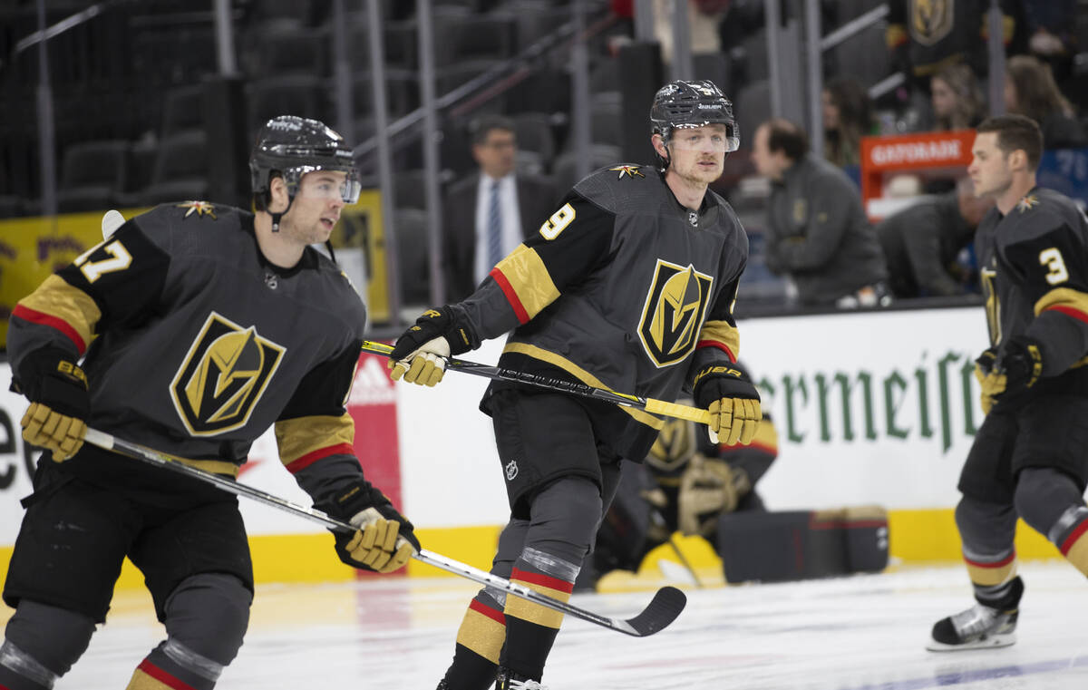 Golden Knights center Jack Eichel (9) warms up before the start of an NHL hockey game against t ...