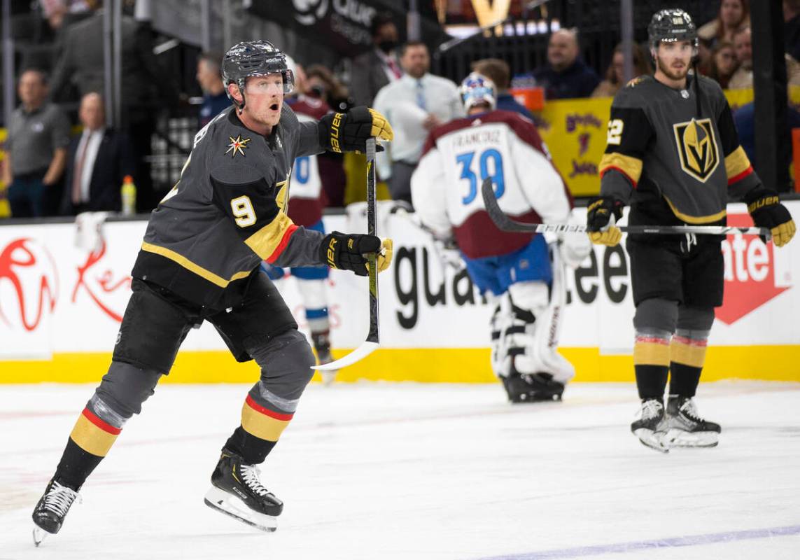 Golden Knights center Jack Eichel (9) warms up before the start of an NHL hockey game against t ...