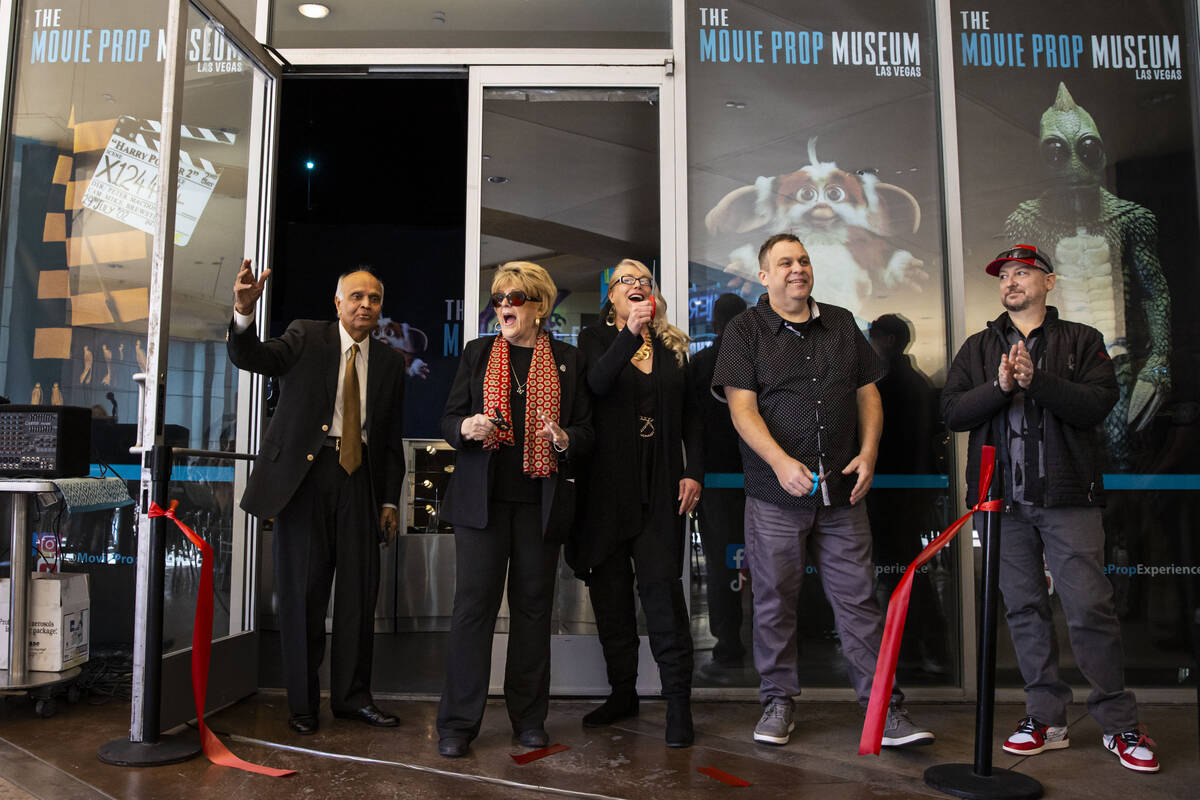 Officials, from left, Rohit Joshi, developer of Neonopolis, Las Vegas Mayor Carolyn Goodman, Th ...