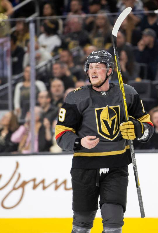 Golden Knights center Jack Eichel (9) circles the ice after defending a shot on goal in the sec ...