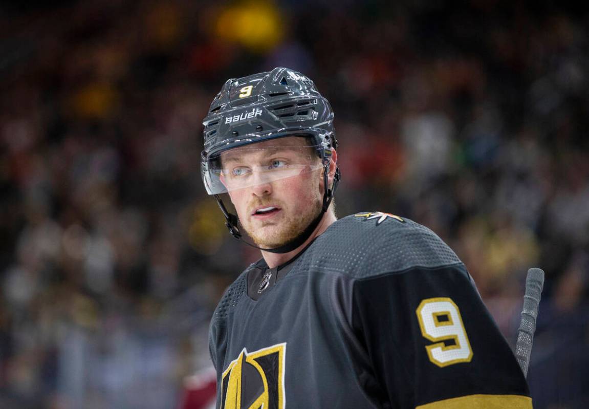 Golden Knights center Jack Eichel (9) skates up ice in the third period during an NHL hockey ga ...