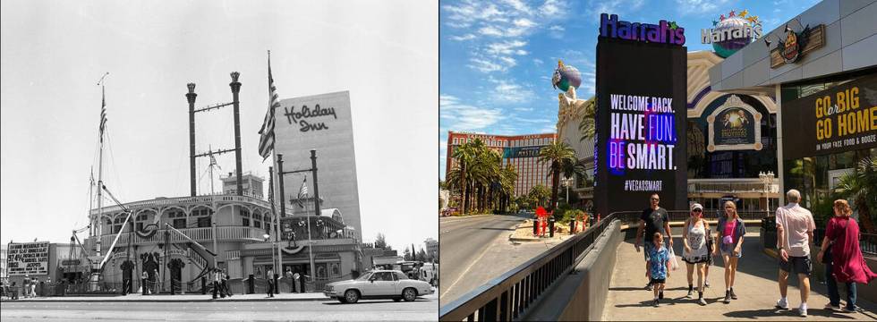 Left, the Holiday Casino on Las Vegas Boulevard in 1980. Right, visitors walk along the Las Veg ...