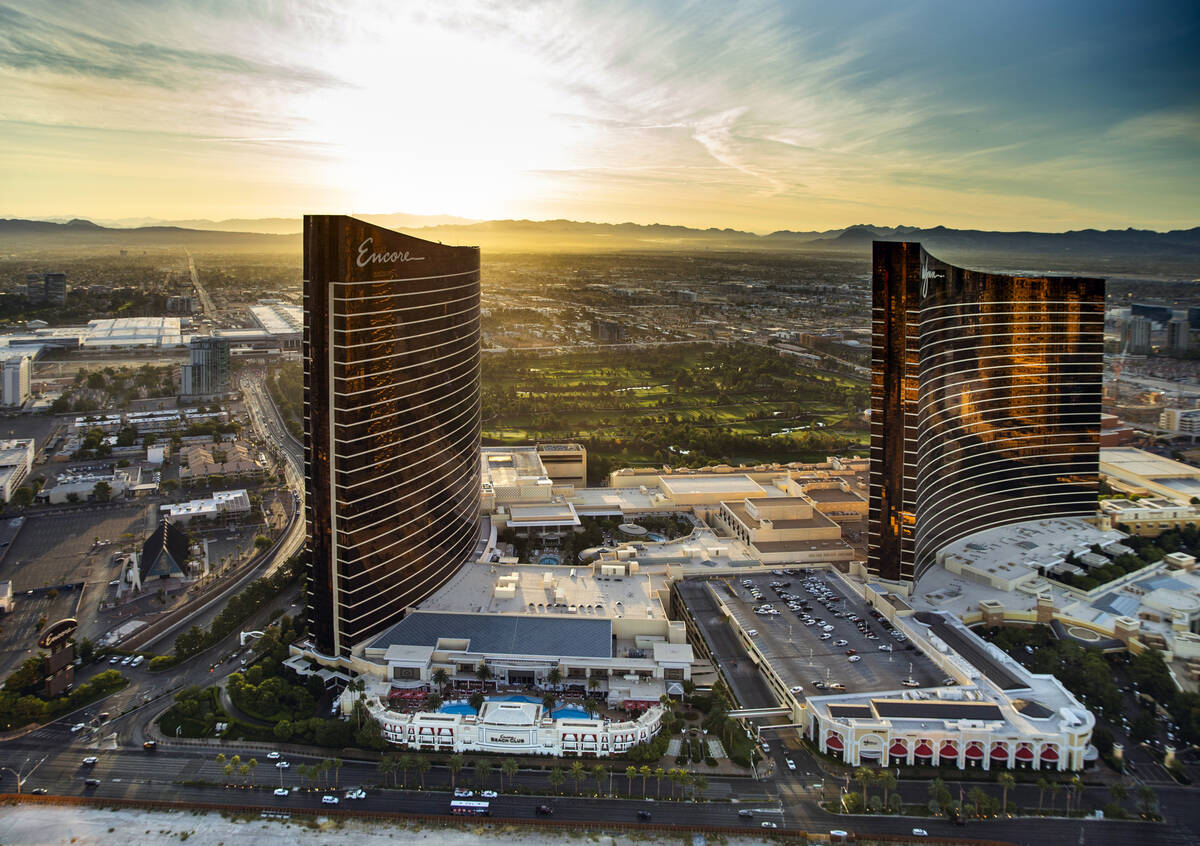 Encore and Wynn Las Vegas are seen in an aerial photo on Wednesday, Oct. 16, 2019, in Las Vegas ...