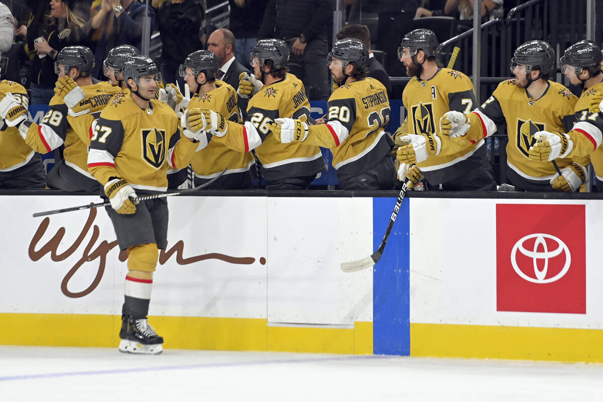Vegas Golden Knights left wing Max Pacioretty (67) is congratulated after scoring against the L ...