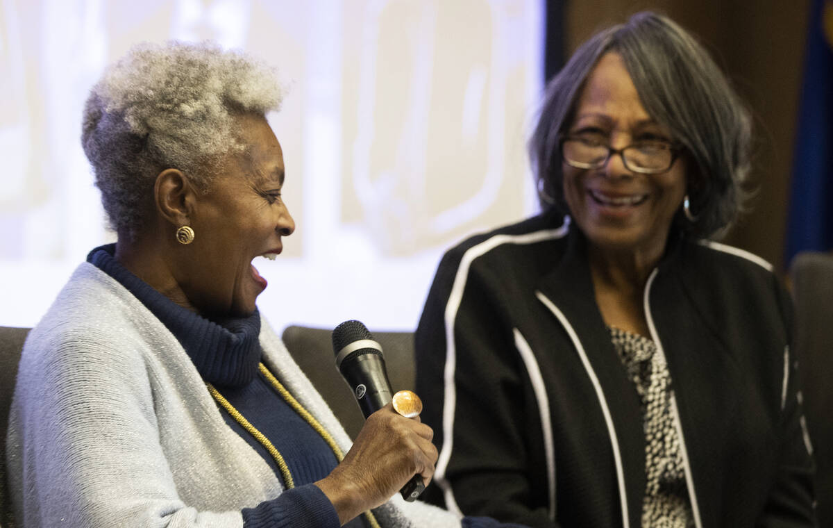 Moderator Claytee White, left, shares a laugh with Eva Simmons, retired educator and former Are ...