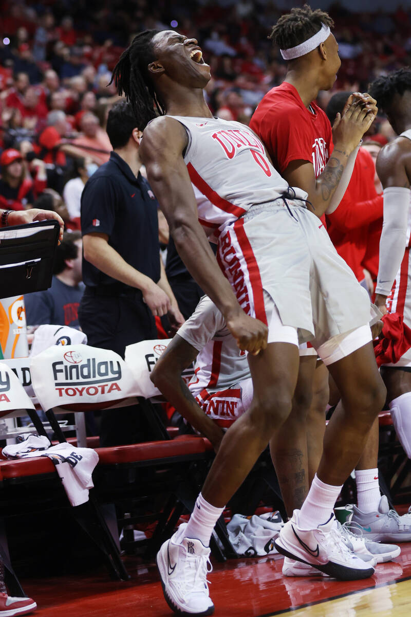 UNLV’s Victor Iwuakor (0) reacts from the bench after a score by his team against Colora ...