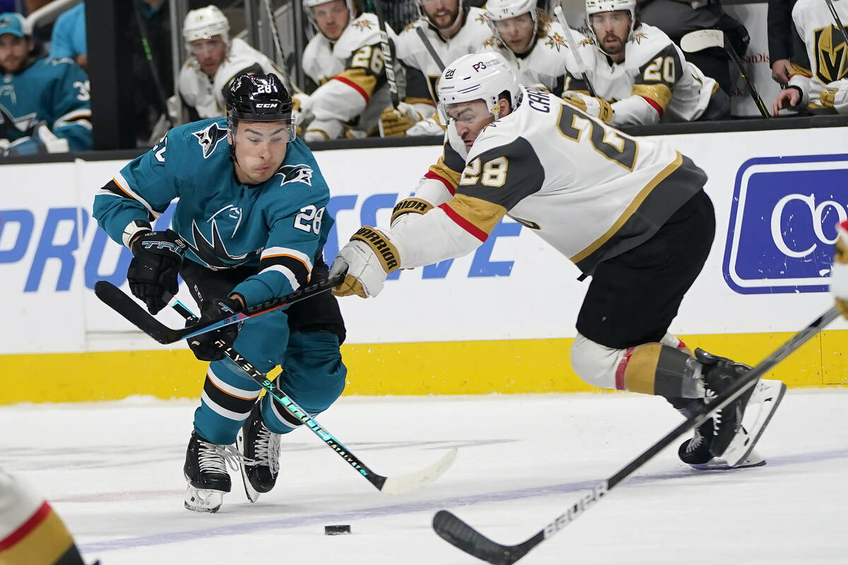San Jose Sharks right wing Timo Meier, left, skates with the puck against Vegas Golden Knights ...