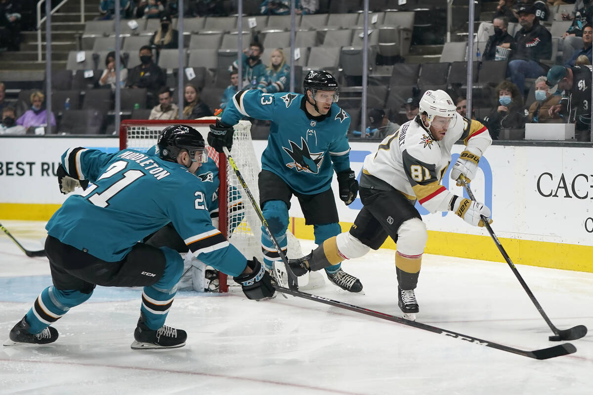 Vegas Golden Knights center Jonathan Marchessault (81) skates with the puck against San Jose Sh ...