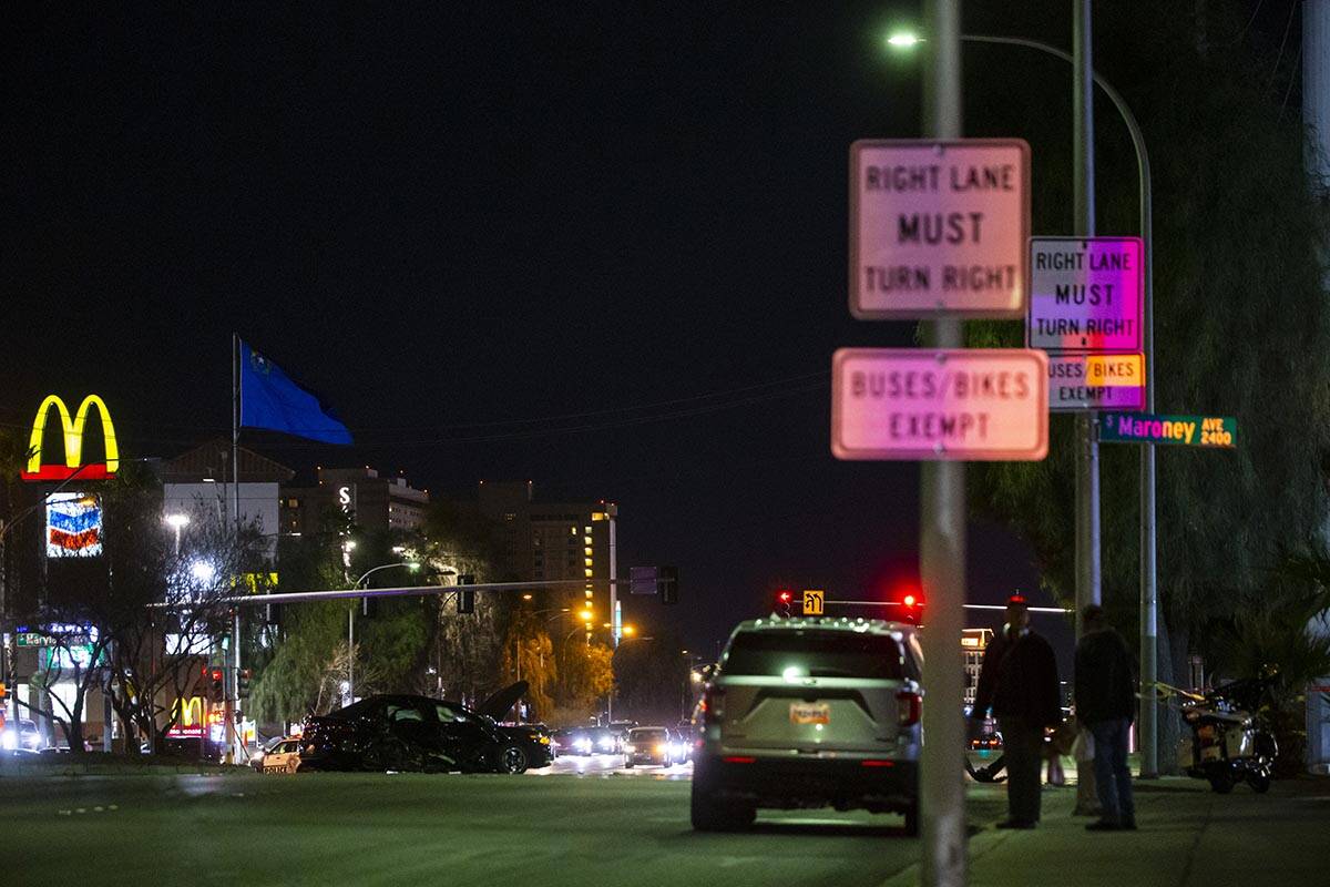 Las Vegas police investigate the scene of a car accident on Sahara Avenue east of Maryland Park ...