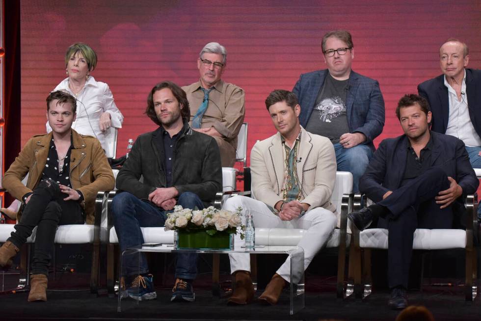 Alexander Calvert, from left, Jared Padalecki, Jensen Ackles and Misha Collins participate in T ...