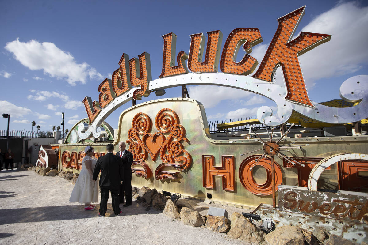 Javier Ansoleaga and Stephanie Hippensteel at the Neon Museum in Las Vegas, Tuesday, Feb. 22, 2 ...