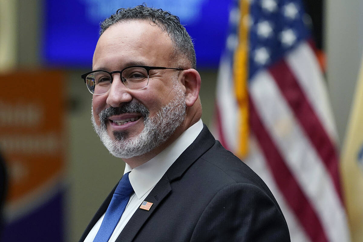 Secretary of Education Miguel Cardona speaks during a visit with first lady Jill Biden to Berge ...