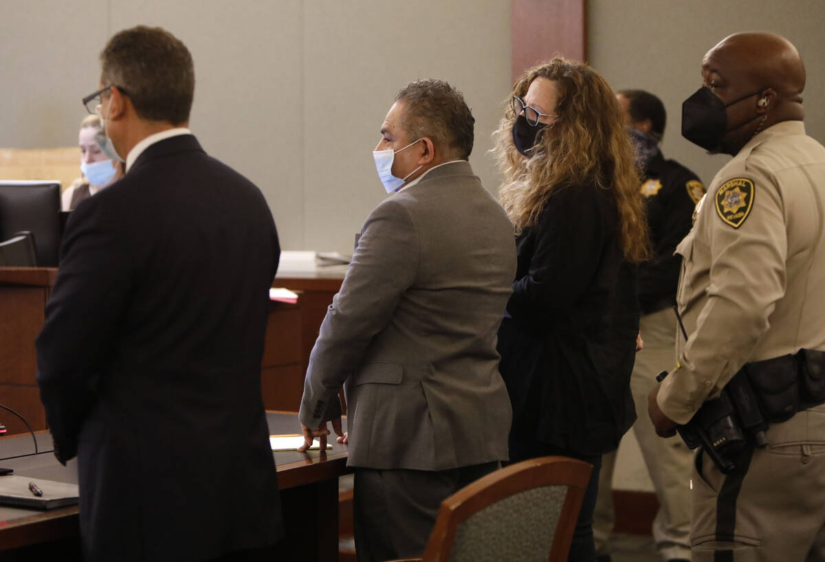 Omar Rueda-Denvers, second from left, listens to his verdict in his retrial on Sept. 17, 2021, ...