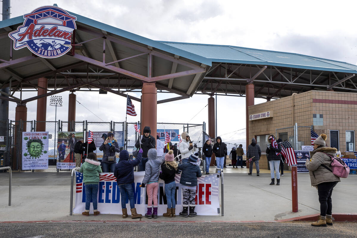 Attendees gather and celebrate during a departure event for The People’s Convoy at Adelanto S ...