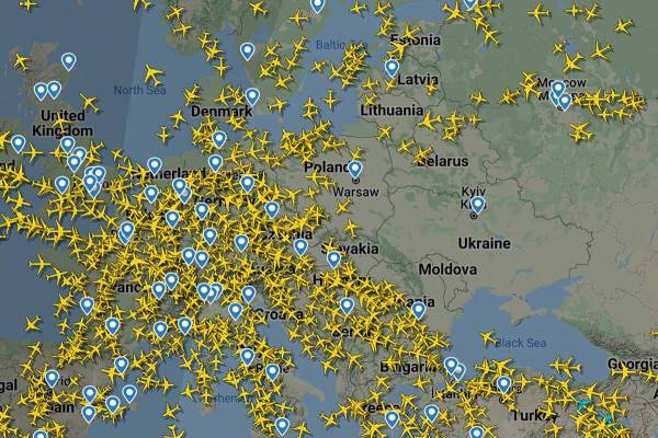 A screenshot made available by Flightradar24.com that shows the clear airspace over Ukraine on ...