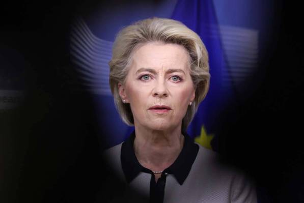 European Commission President Ursula von der Leyen, speaks during a press statement on Ukraine, ...