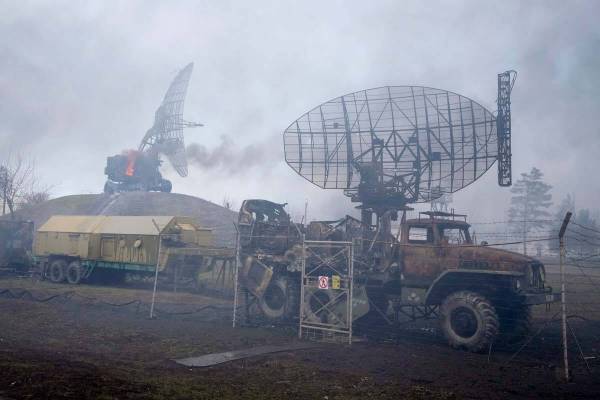 Damaged radar arrays and other equipment is seen at Ukrainian military facility outside Mariupo ...
