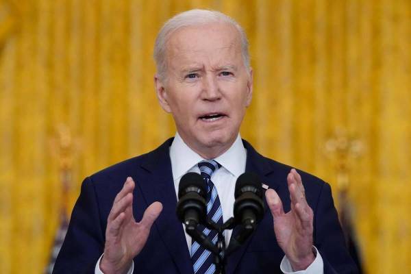 President Joe Biden speaks about the Russian invasion of Ukraine in the East Room of the White ...