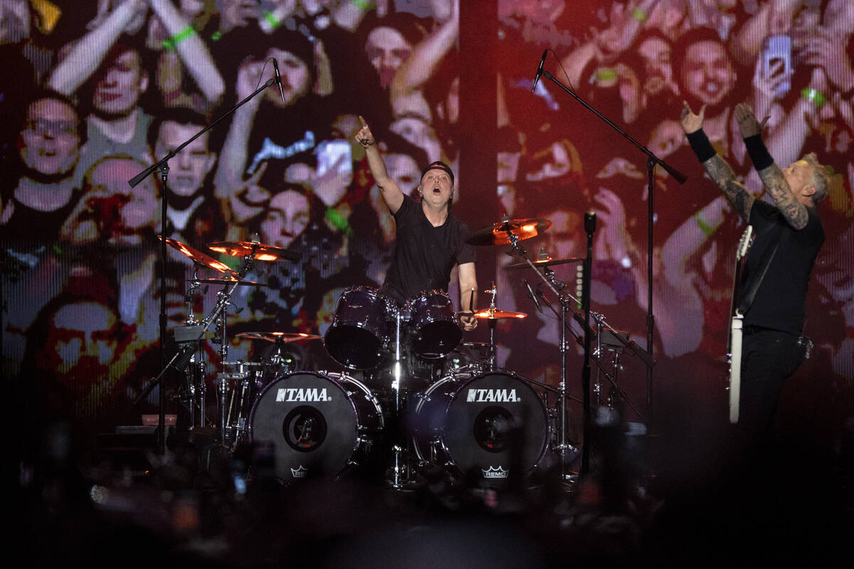 Lars Ulrich, left, and James Hetfield of Metallica perform in a music concert at Allegiant Stad ...