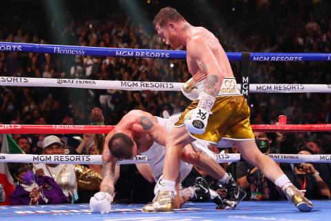 Saul “Canelo” Alvarez knocks out Caleb Plant in the 11th round of a super middlew ...