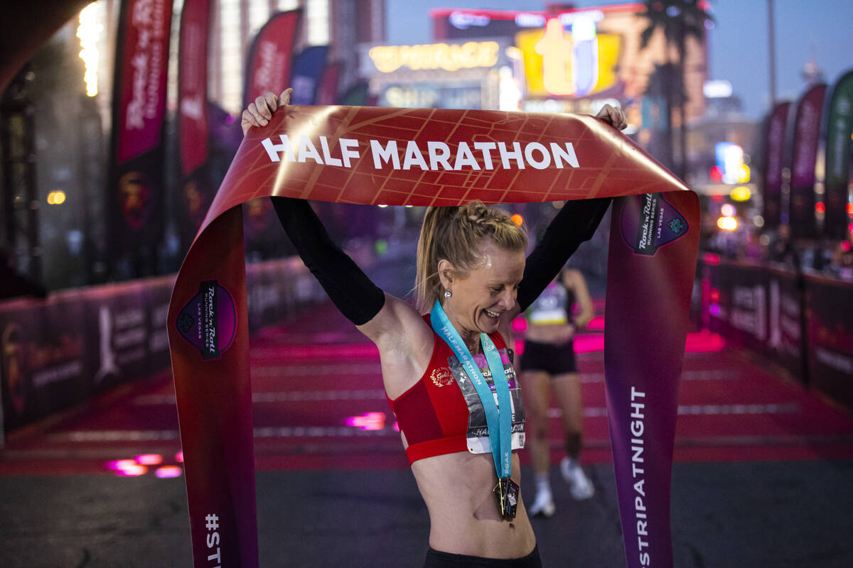 Ellie Stevens, of Las Vegas, reacts after winning the women’s Rock ‘n’ Rol ...