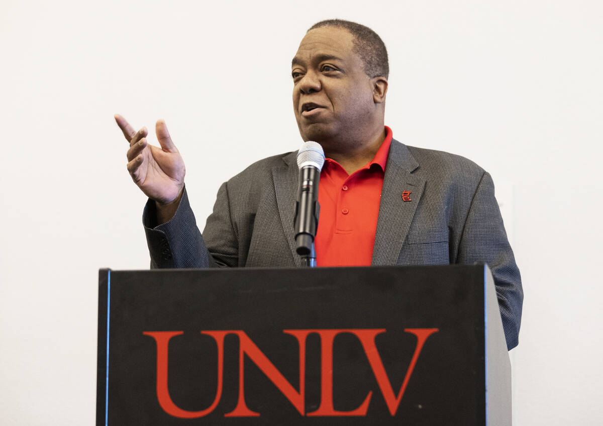 UNLV president Keith Whitfield speaks during a leadership summit for high school, upperclassmen ...