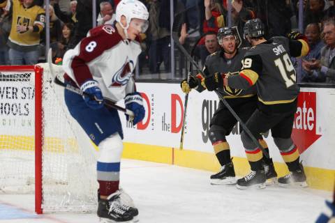 Vegas Golden Knights center Jonathan Marchessault (81) celebrates a goal with right wing Reilly ...
