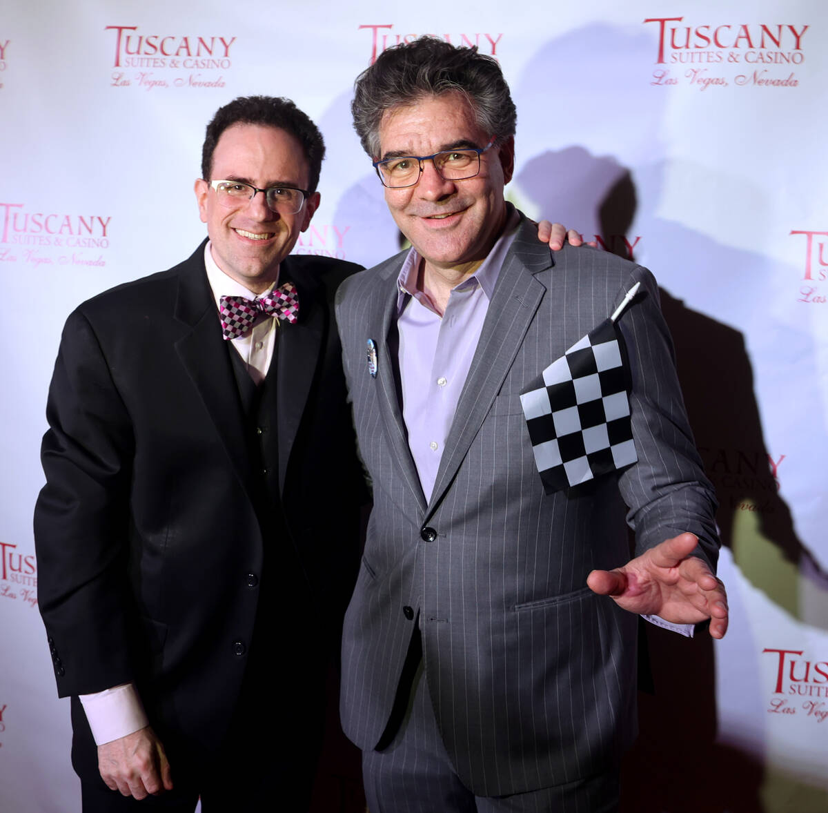 Las Vegas Review-Journal man-about-town columnist John Katsilometes, right, with composer and m ...