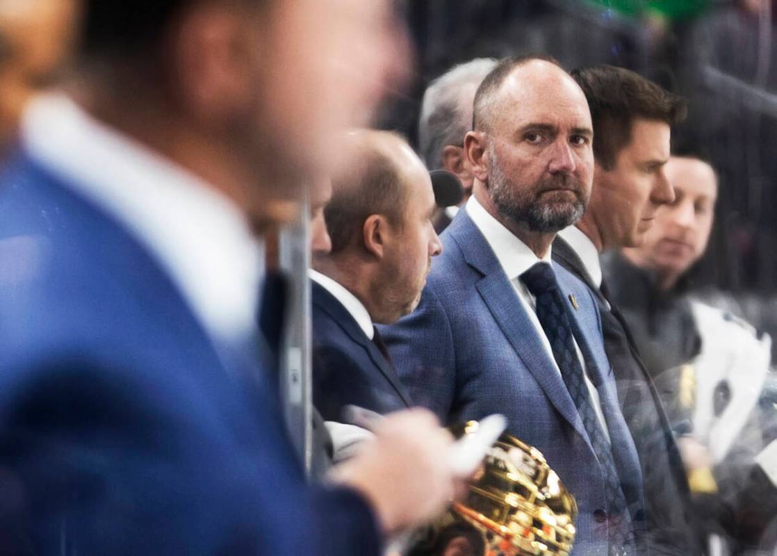 Golden Knights head coach Peter DeBoer looks on in the third period during an NHL hockey game a ...