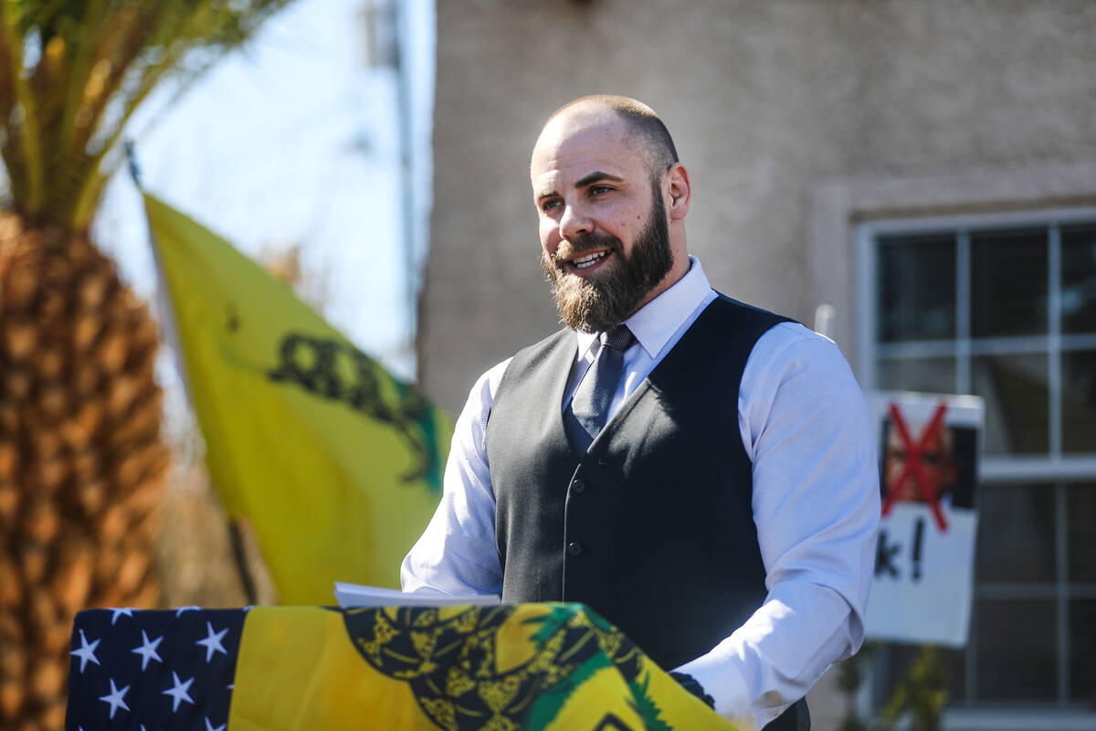 Justin Andersch addresses members of the news media on Tuesday, March 1, 2022, outside Craig Mu ...