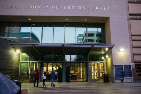 People walk outside of the Clark County Detention Center in downtown Las Vegas on Tuesday, Oct. ...