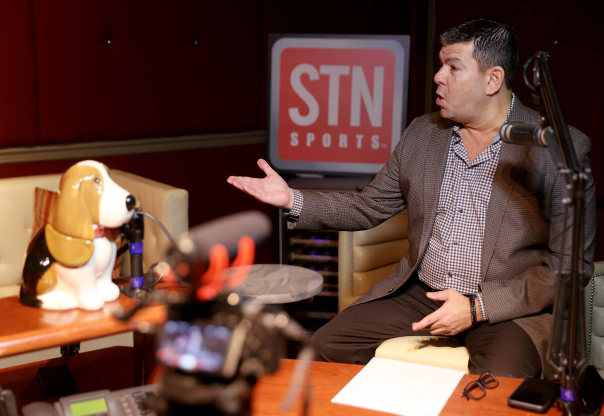 Sunset Station sportsbook director Chuck Esposito tapes a new sports betting podcast with Red R ...
