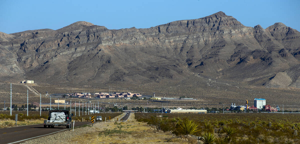 A vehicle moves down State Route 161 into Jean on Friday, Sept. 4, 2020. (L.E. Baskow/Las Vegas ...