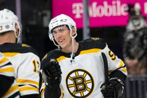 Bruins left wing Tomas Nosek (92), a former Golden Knight, celebrates a win against his former ...