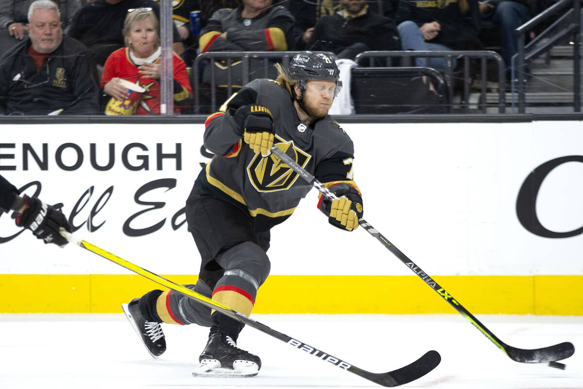 Golden Knights center William Karlsson (71) takes a shot on goal during the first period of an ...