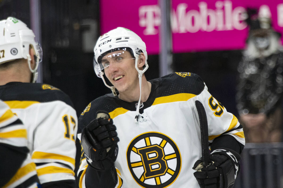 Bruins left wing Tomas Nosek (92), a former Golden Knight, celebrates a win against his former ...