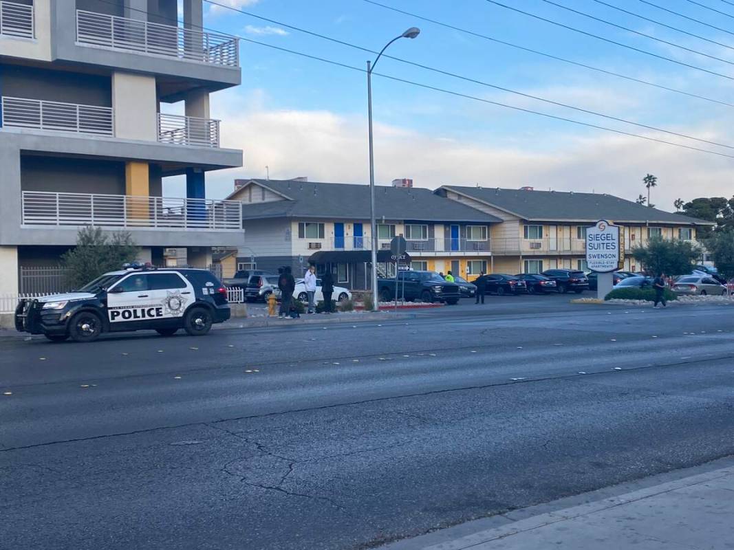 Las Vegas police investigate a shooting in the 4000 block of University Center Drive in central ...