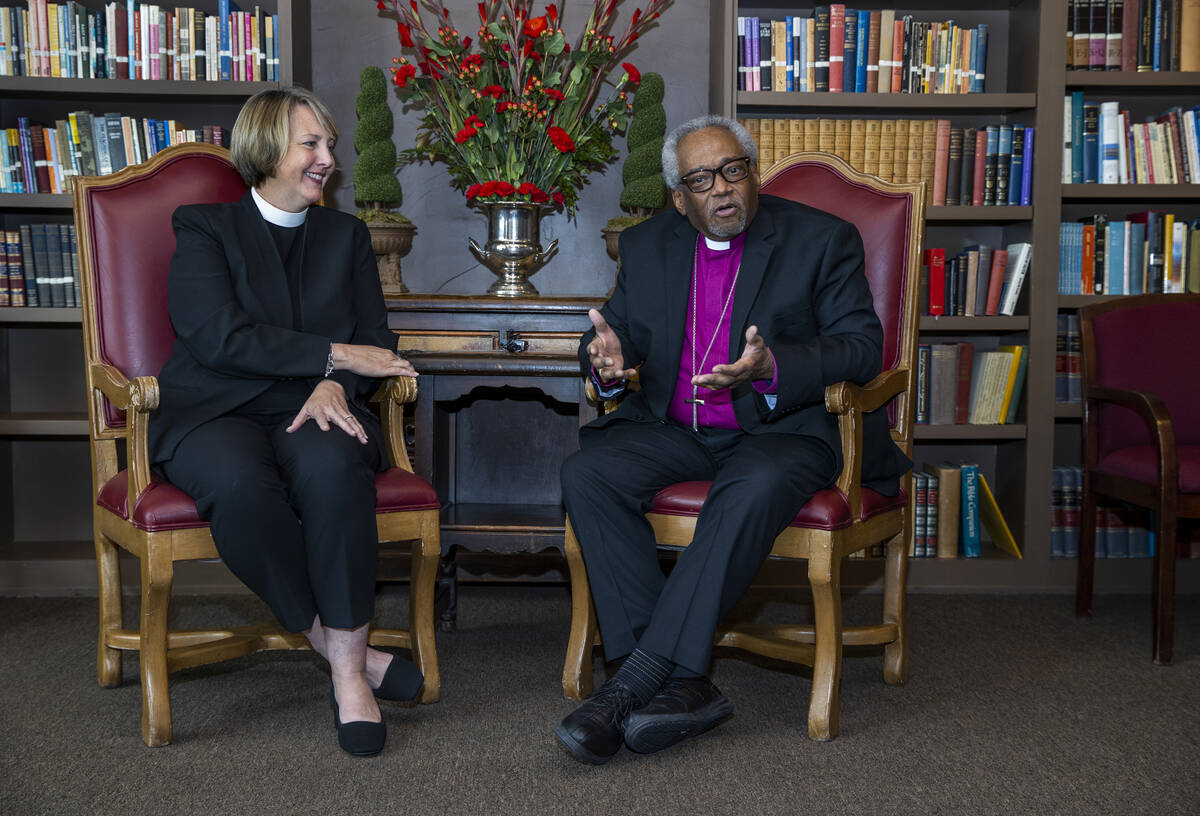 The Rev. Elizabeth Bonforte Gardner looks on during a press conference as Rev. Michael Curry sp ...