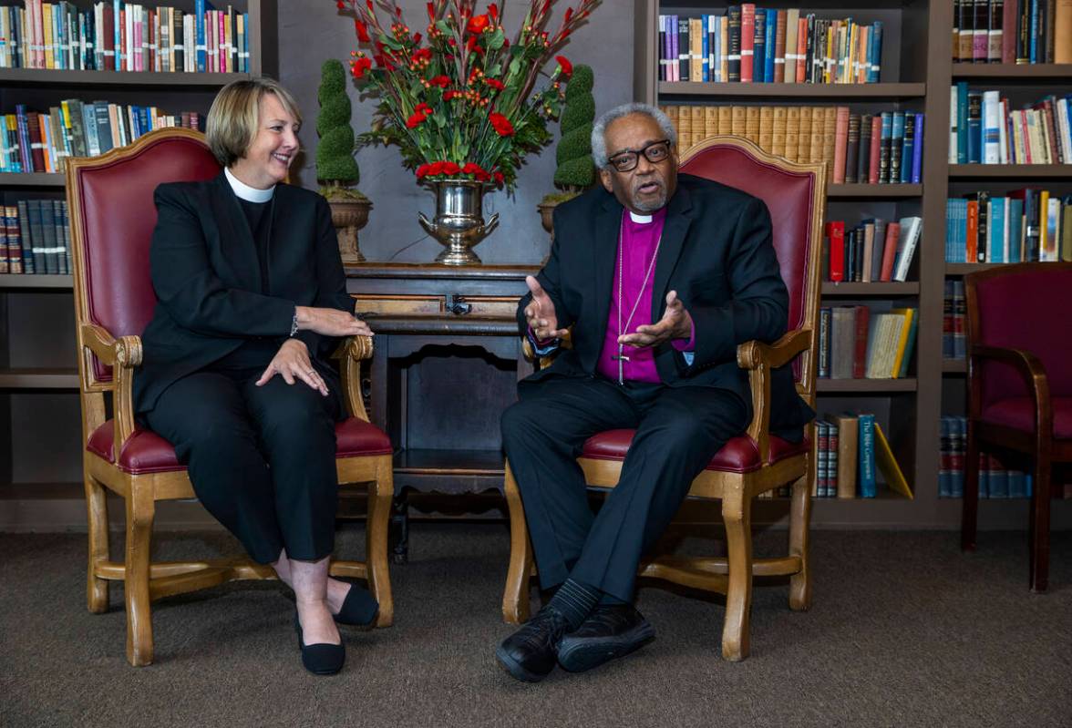 The Rev. Elizabeth Bonforte Gardner looks on during a press conference as Rev. Michael Curry sp ...