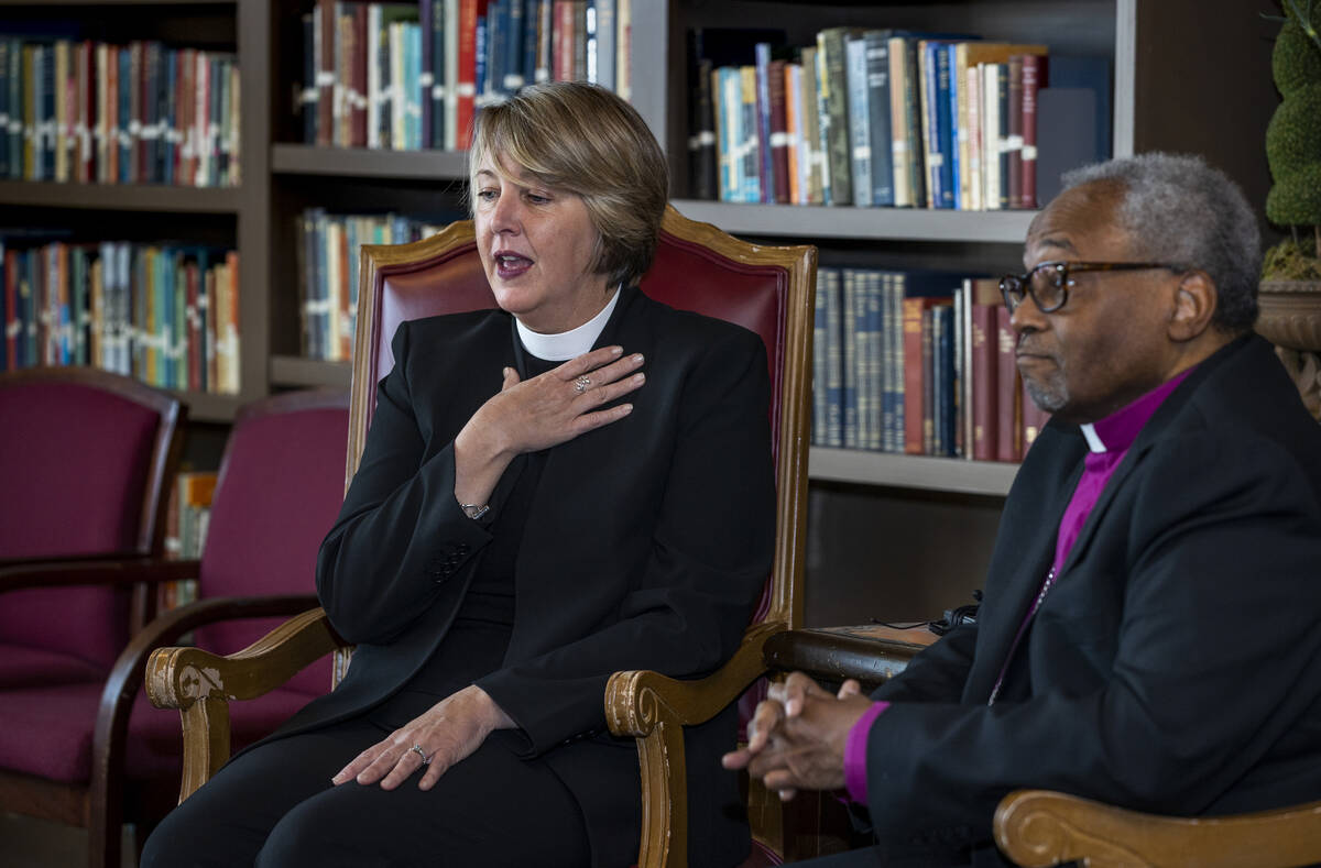 The Rev. Elizabeth Bonforte Gardner speaks during a press conference while beside Rev. Michael ...